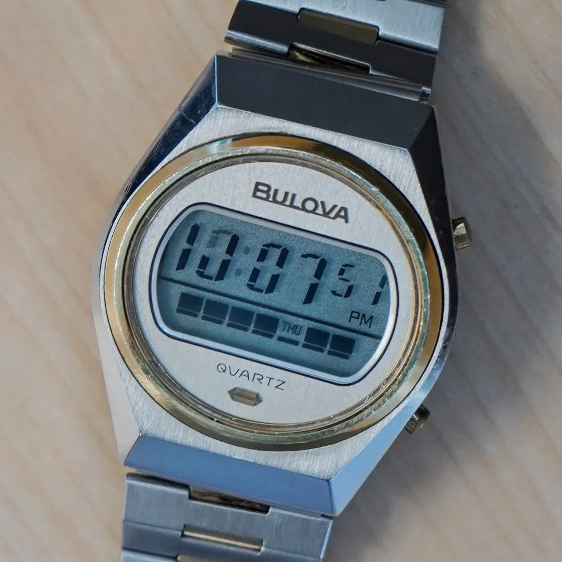 1977 BULOVA Quartz Digital Watch #81301 Two-Tone Case & Original Bracelet - ALL Stainless Steel