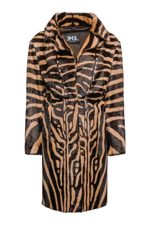 Camel & Dark Brown Zebra Print Kid Skin Fur Coat