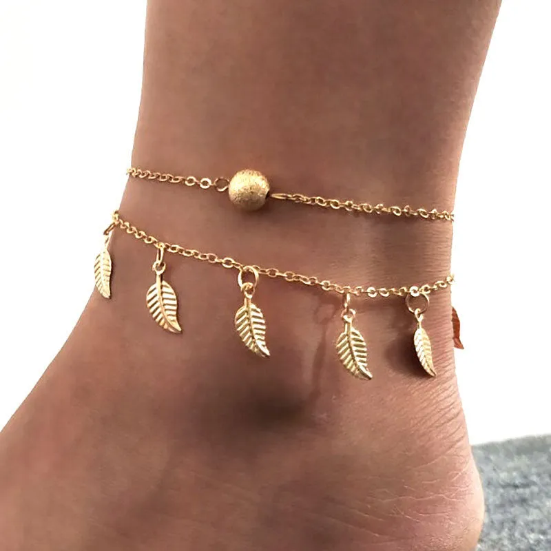 Exquisite and Fashionable Beach Style Double Fringed Leaf Design Anklet