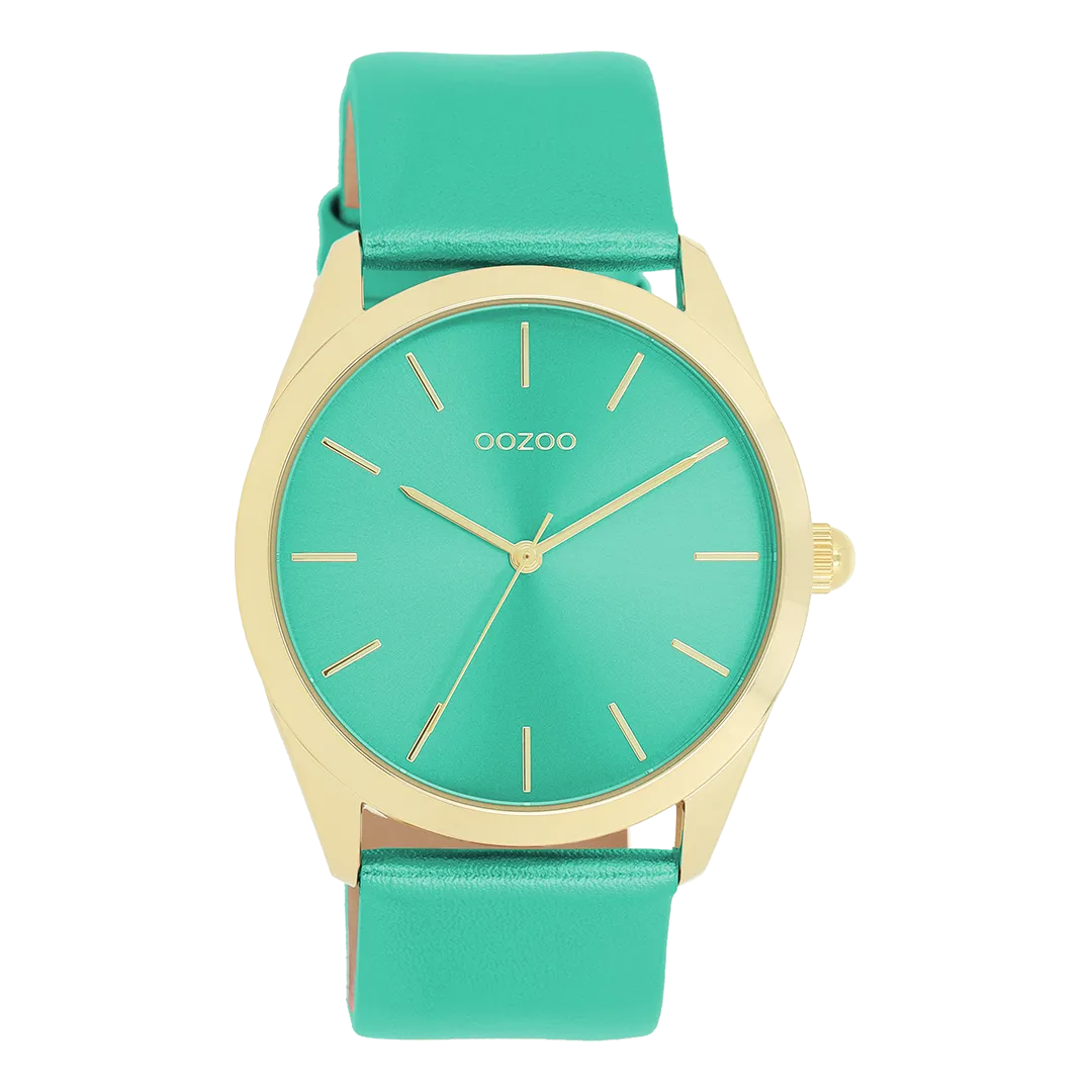 Gold coloured OOZOO watch with aqua green leather strap - C11339