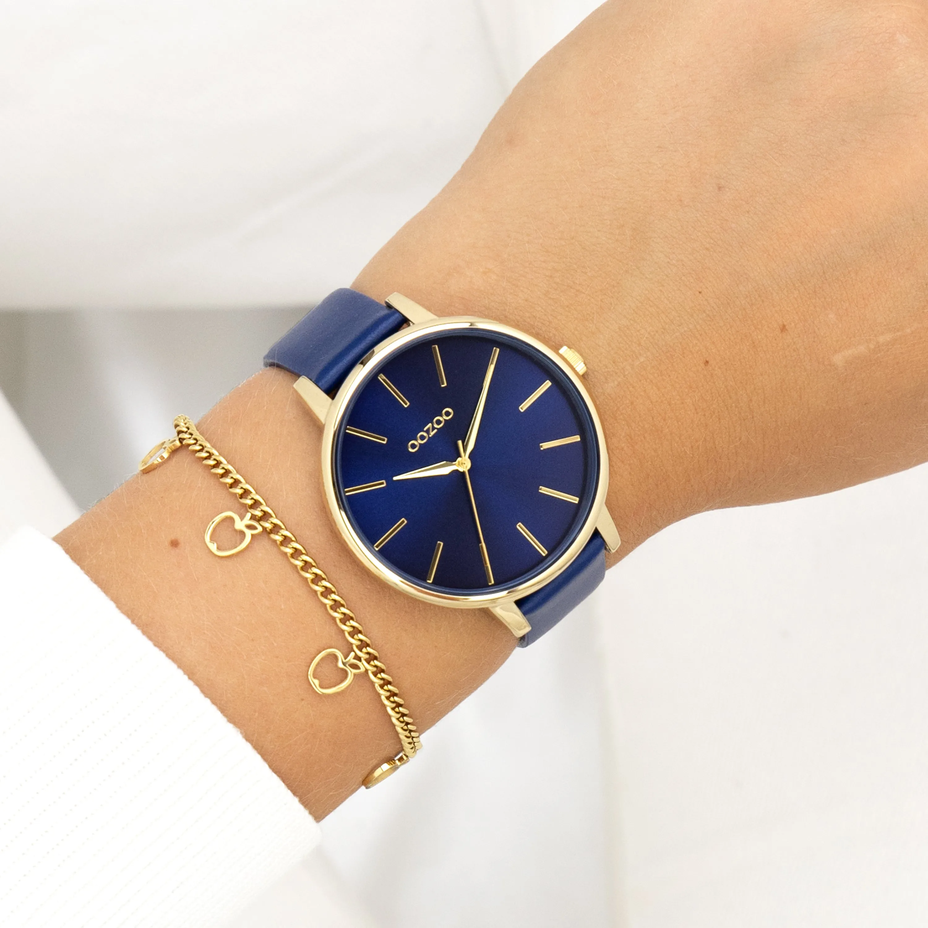 Gold coloured OOZOO watch with dark blue leather strap - C11292