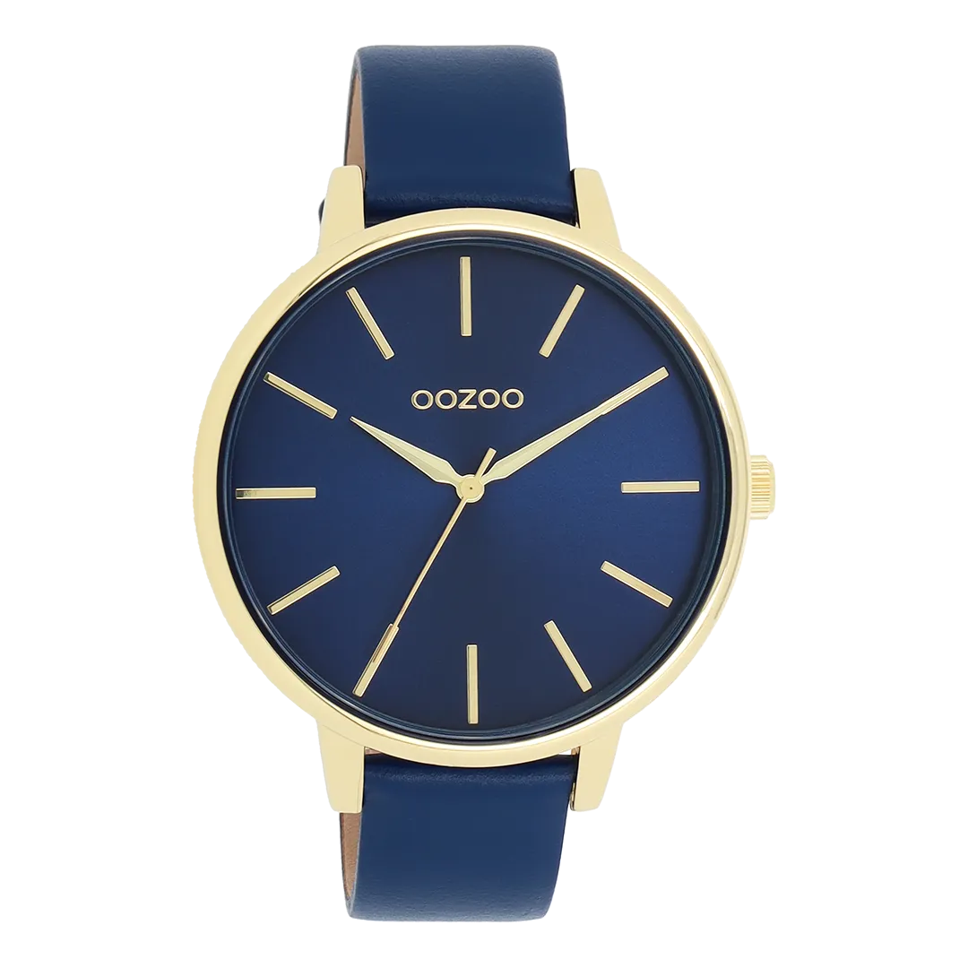 Gold coloured OOZOO watch with dark blue leather strap - C11292