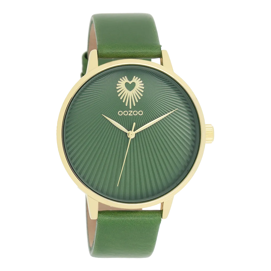 Gold coloured OOZOO watch with green leather strap - C11344