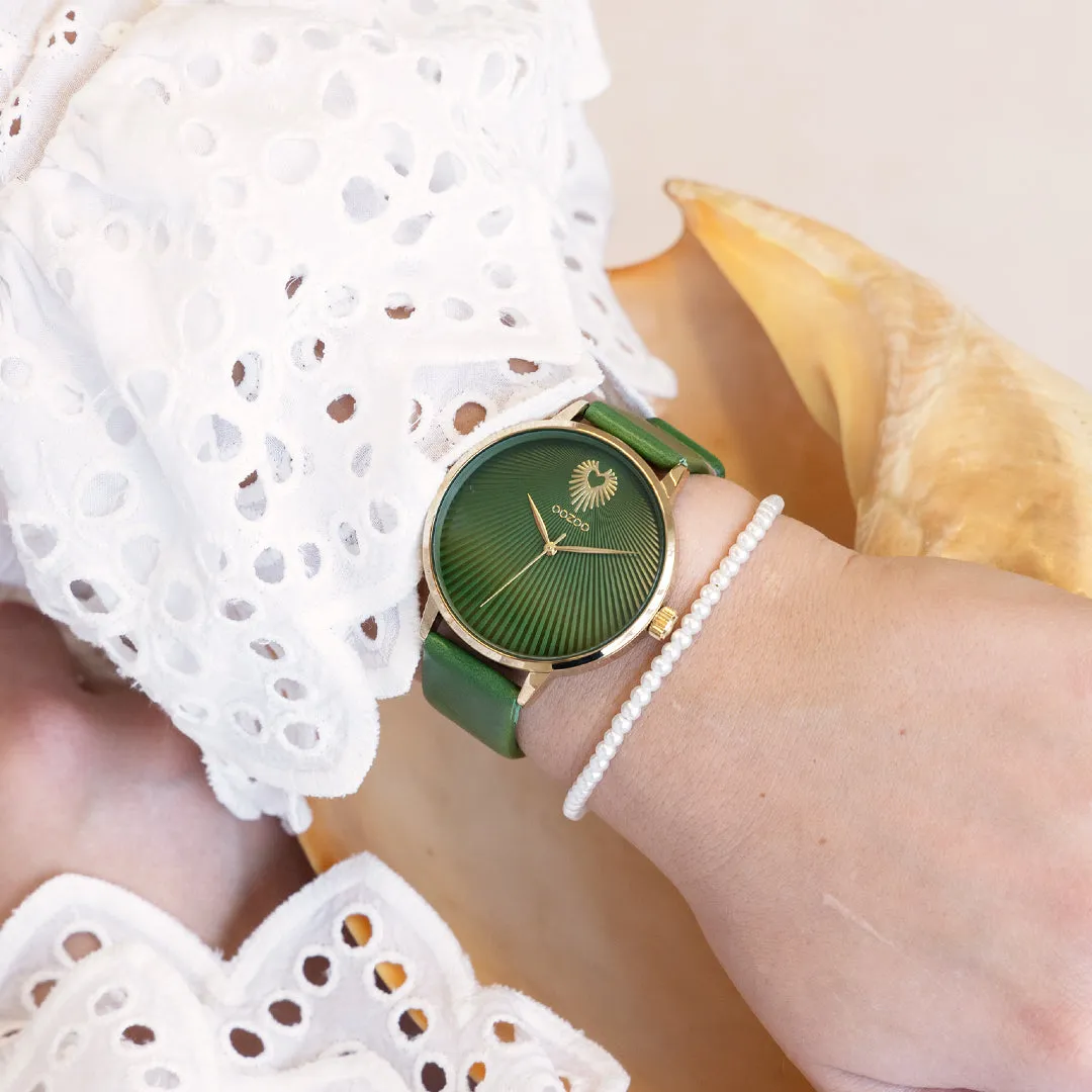 Gold coloured OOZOO watch with green leather strap - C11344