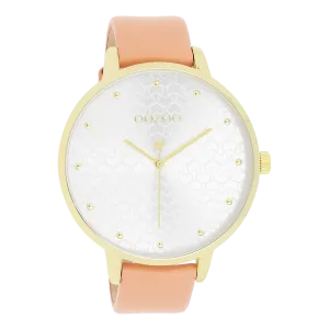 Gold coloured OOZOO watch with peach pink leather strap - C11036