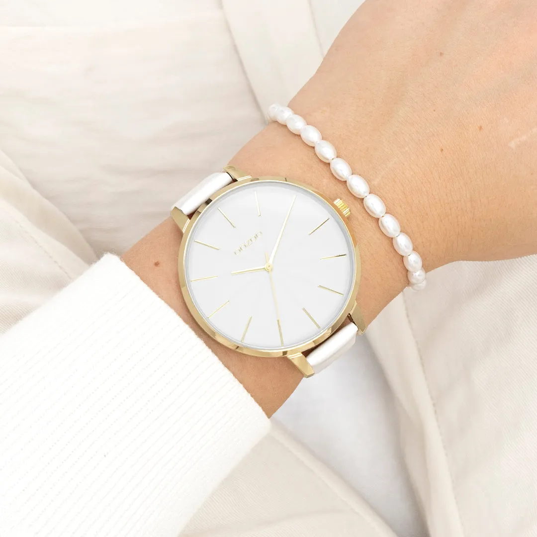 Gold coloured OOZOO watch with white leather strap - C11346