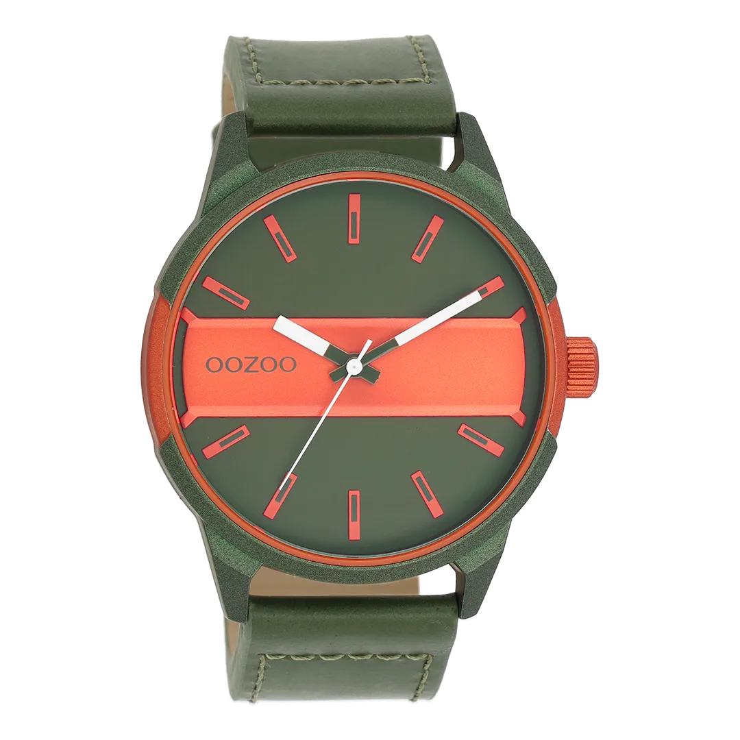 Green/fluo orange OOZOO watch with green leather strap - C11318