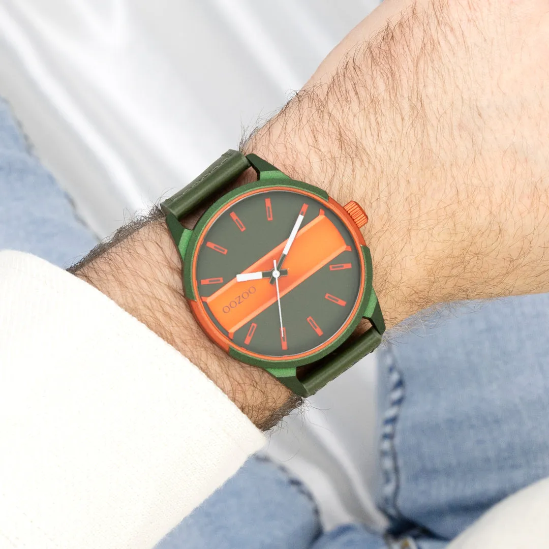 Green/fluo orange OOZOO watch with green leather strap - C11318