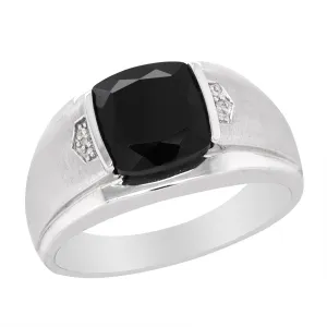 MEN'S WHITE GOLD FASHION RING WITH BLACK ONYX AND TWO DIAMONDS, .006 CT TW