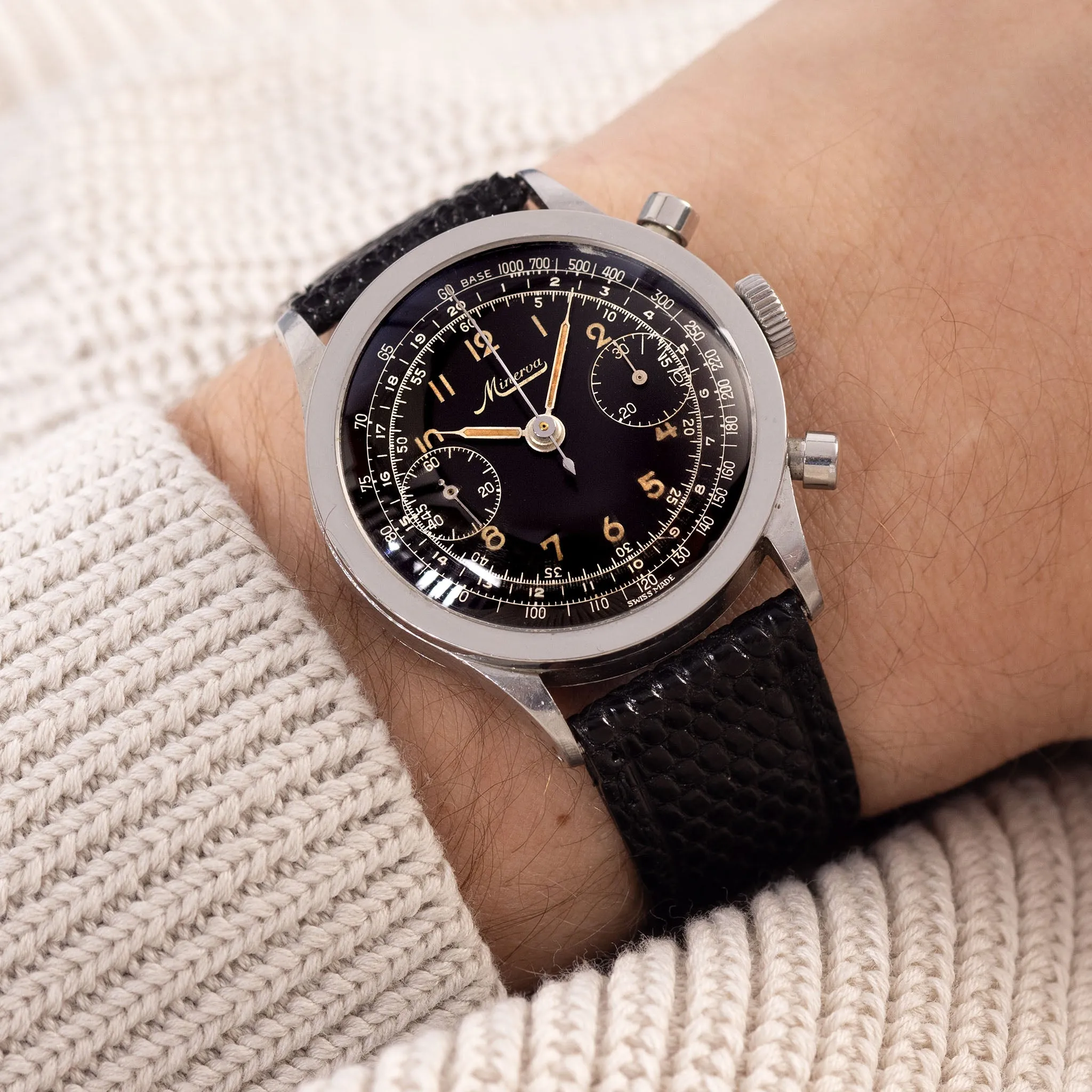 Minerva Oversized Chronograph Black Dial Valjoux 22