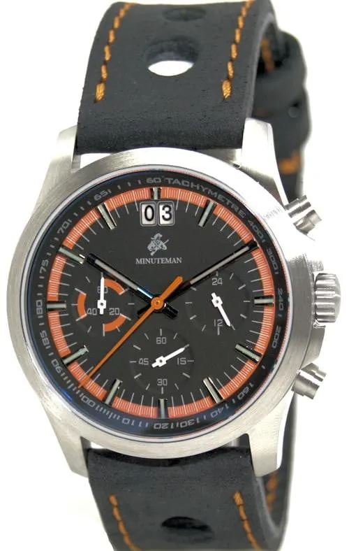 Minuteman Parker Chronograph Watch Black Leather Strap Black/Orange Dial Brushed