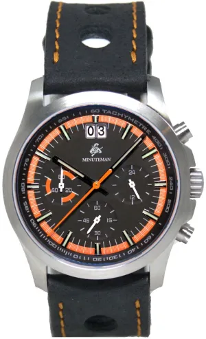 Minuteman Parker Chronograph Watch Black Leather Strap Black/Orange Dial Brushed