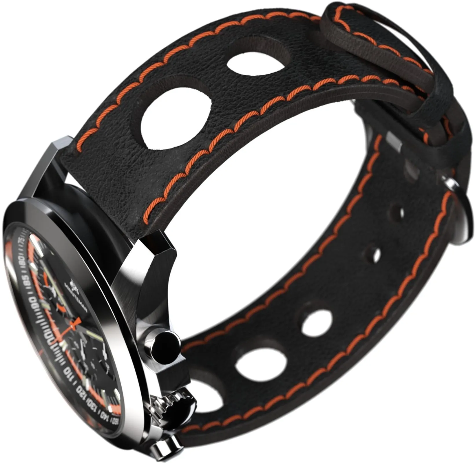 Minuteman Parker Chronograph Watch Black Leather Strap Black/Orange Dial Brushed