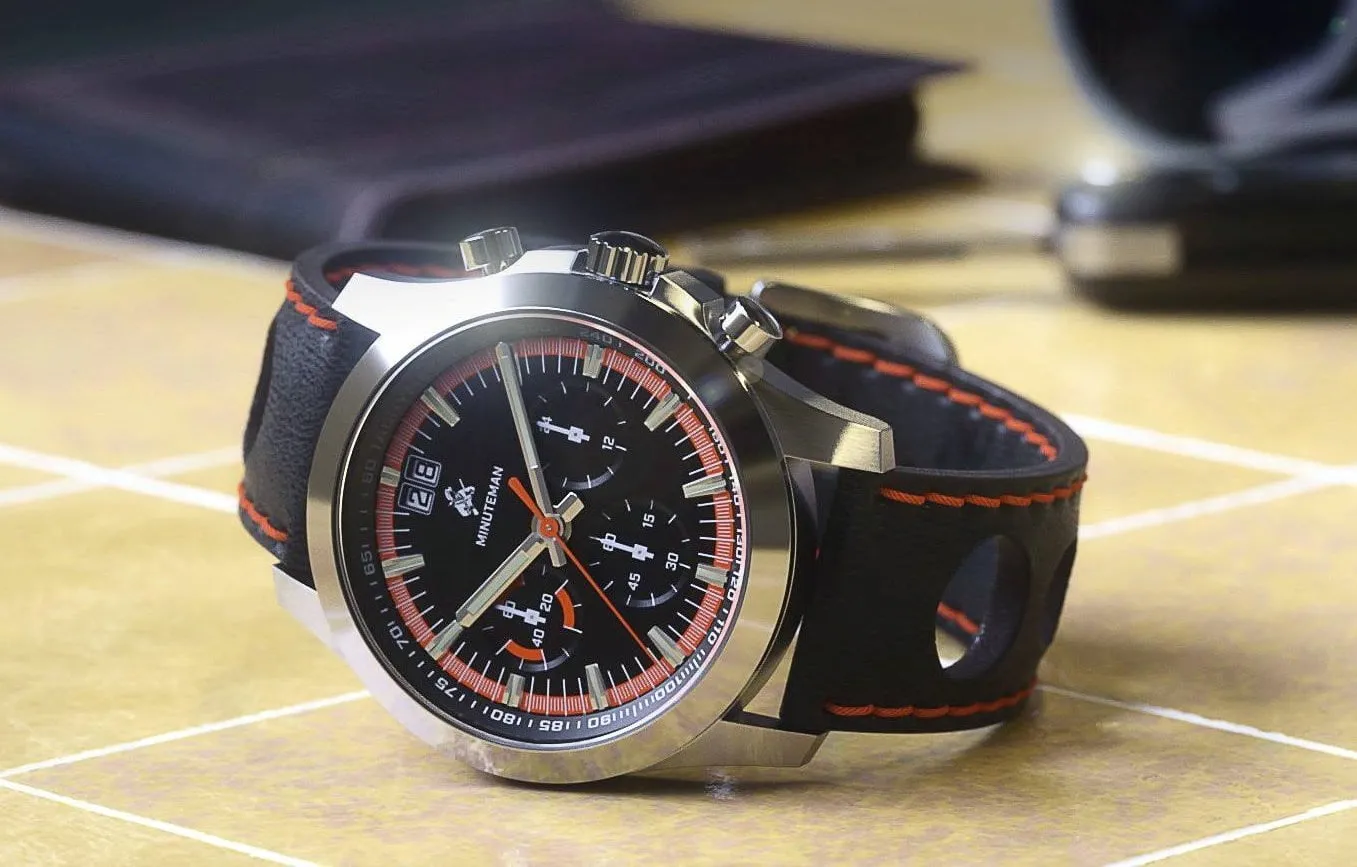 Minuteman Parker Chronograph Watch Black Leather Strap Black/Orange Dial Brushed