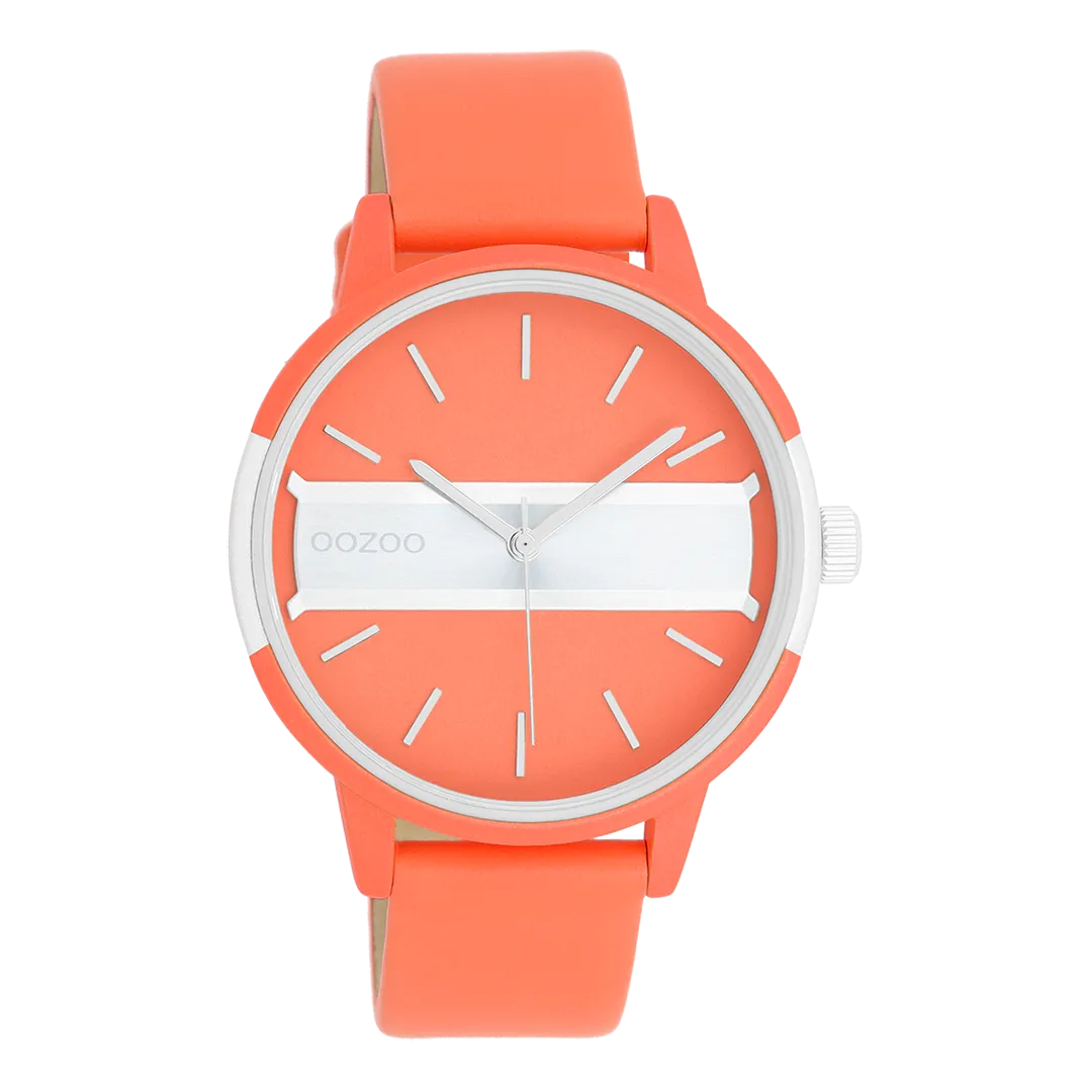 Neon red/gold coloured OOZOO watch with neon orange leather strap - C11190