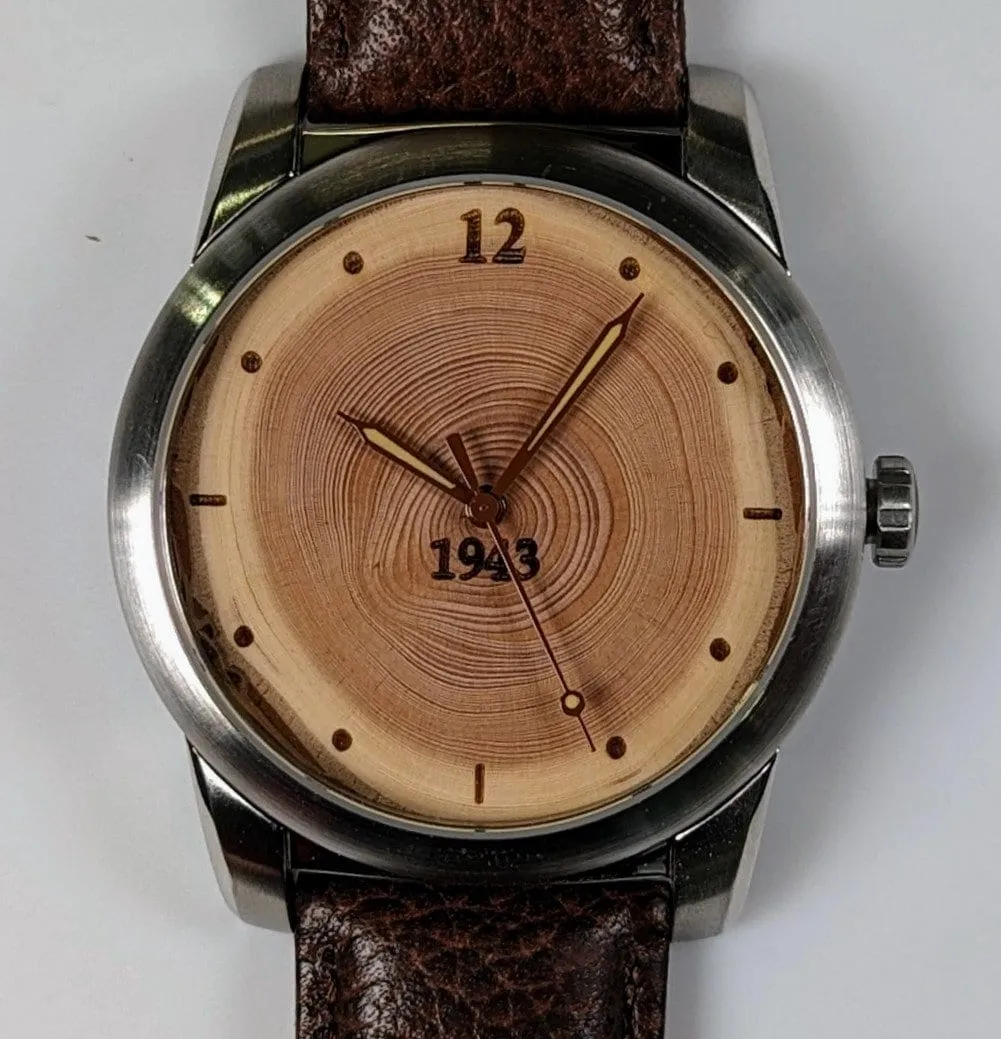 Perfect Gift Idea for His 80th Birthday, Engraved Wood Watch with 80 Annual Tree Rings.  A Ring for Every Year!