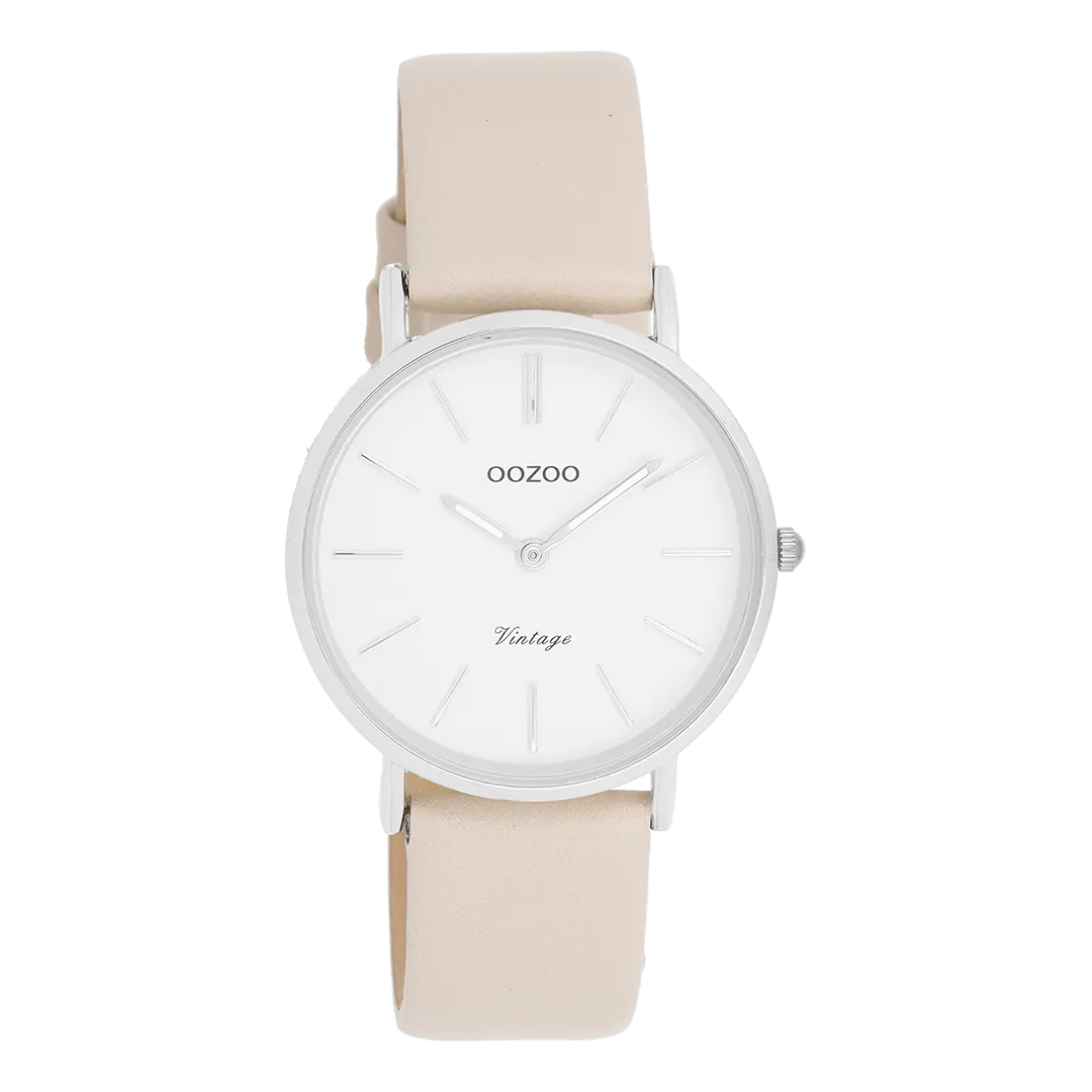 Silver coloured OOZOO watch with beige leather strap - C20391