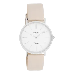 Silver coloured OOZOO watch with beige leather strap - C20391