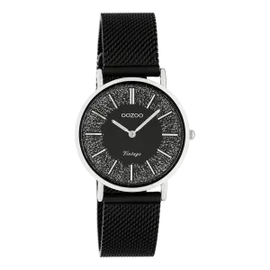 Silver coloured OOZOO watch with black metal mesh bracelet - C20141