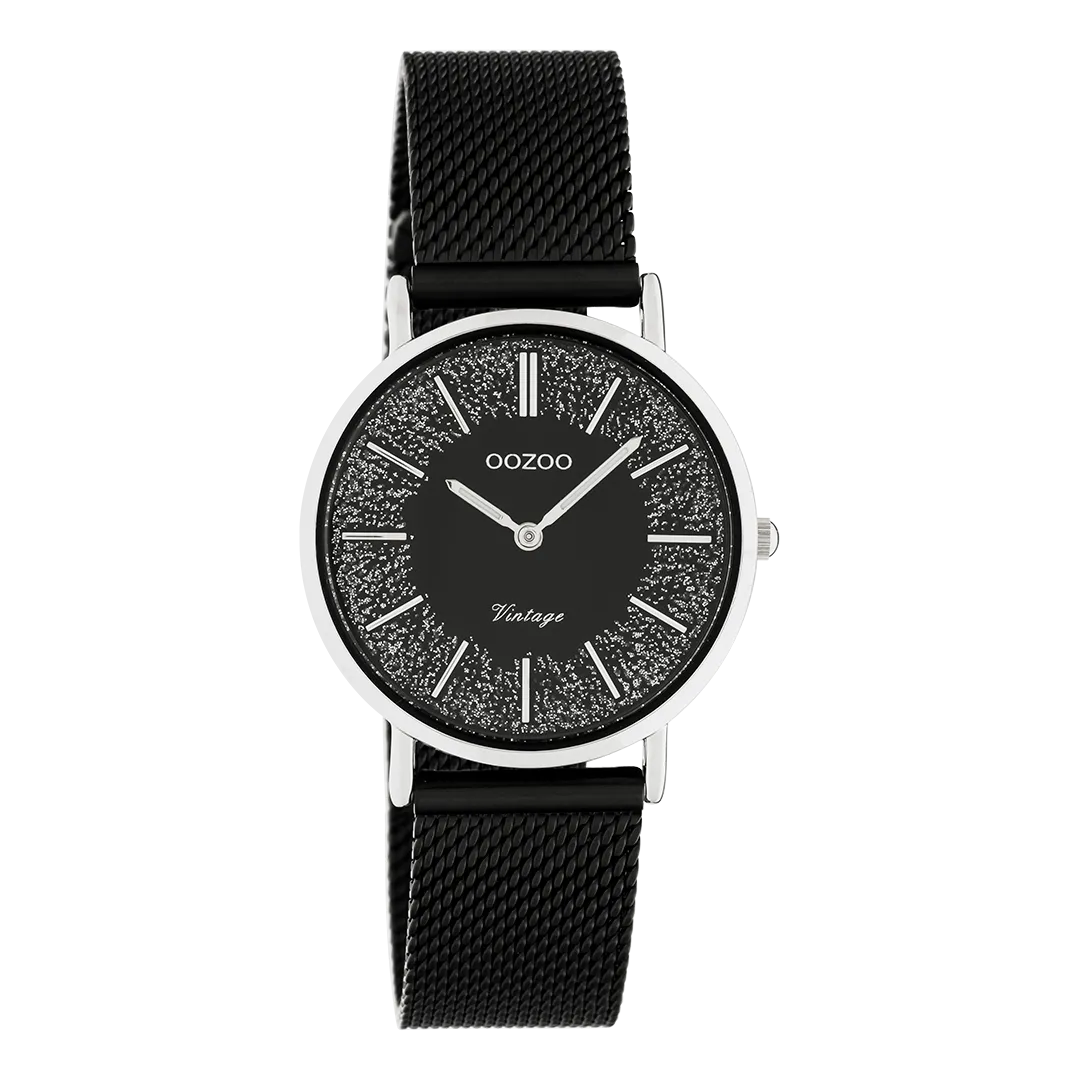 Silver coloured OOZOO watch with black metal mesh bracelet - C20141