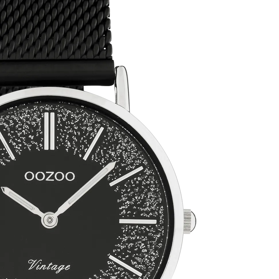 Silver coloured OOZOO watch with black metal mesh bracelet - C20141