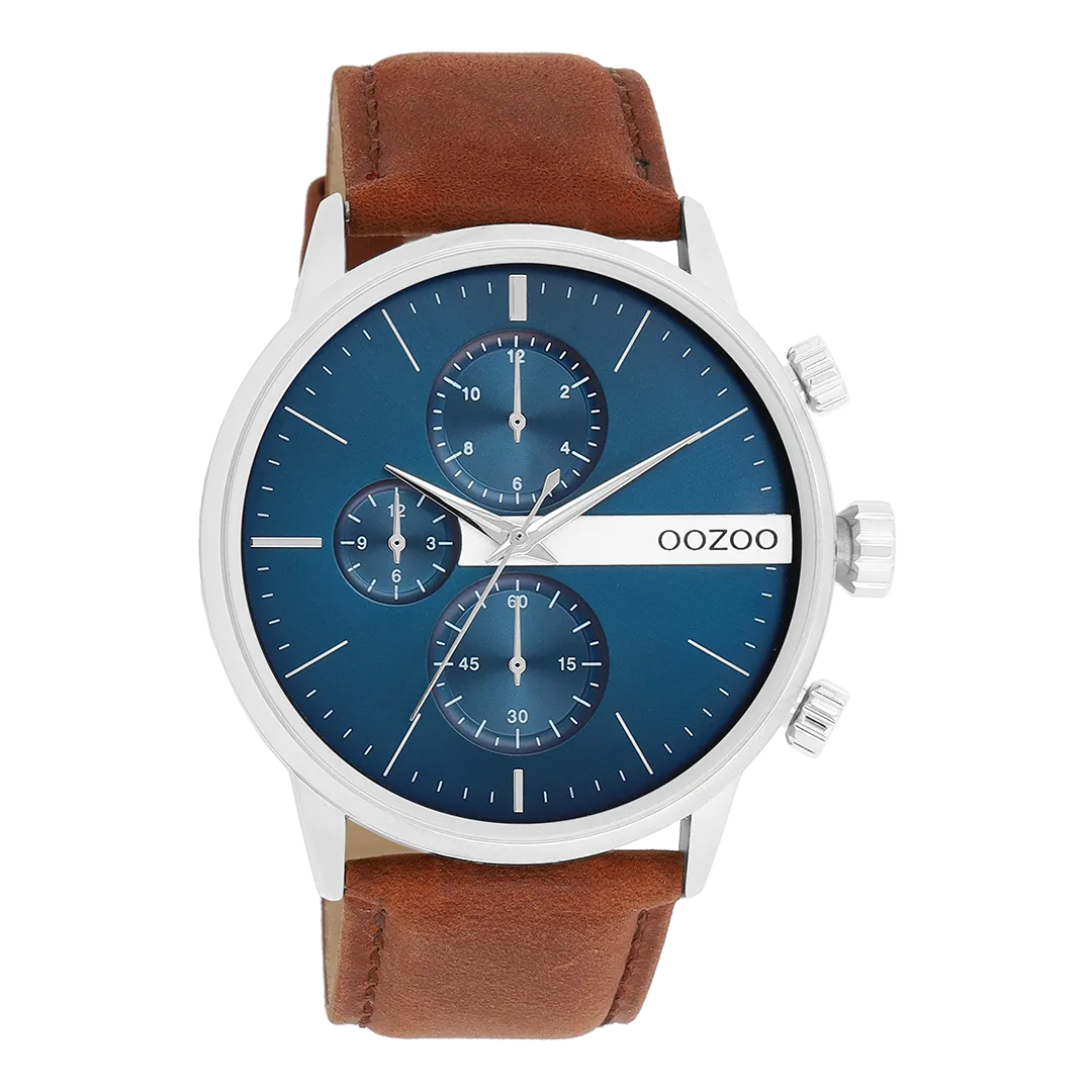 Silver coloured OOZOO watch with brown leather strap - C11221