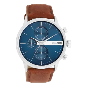 Silver coloured OOZOO watch with brown leather strap - C11221