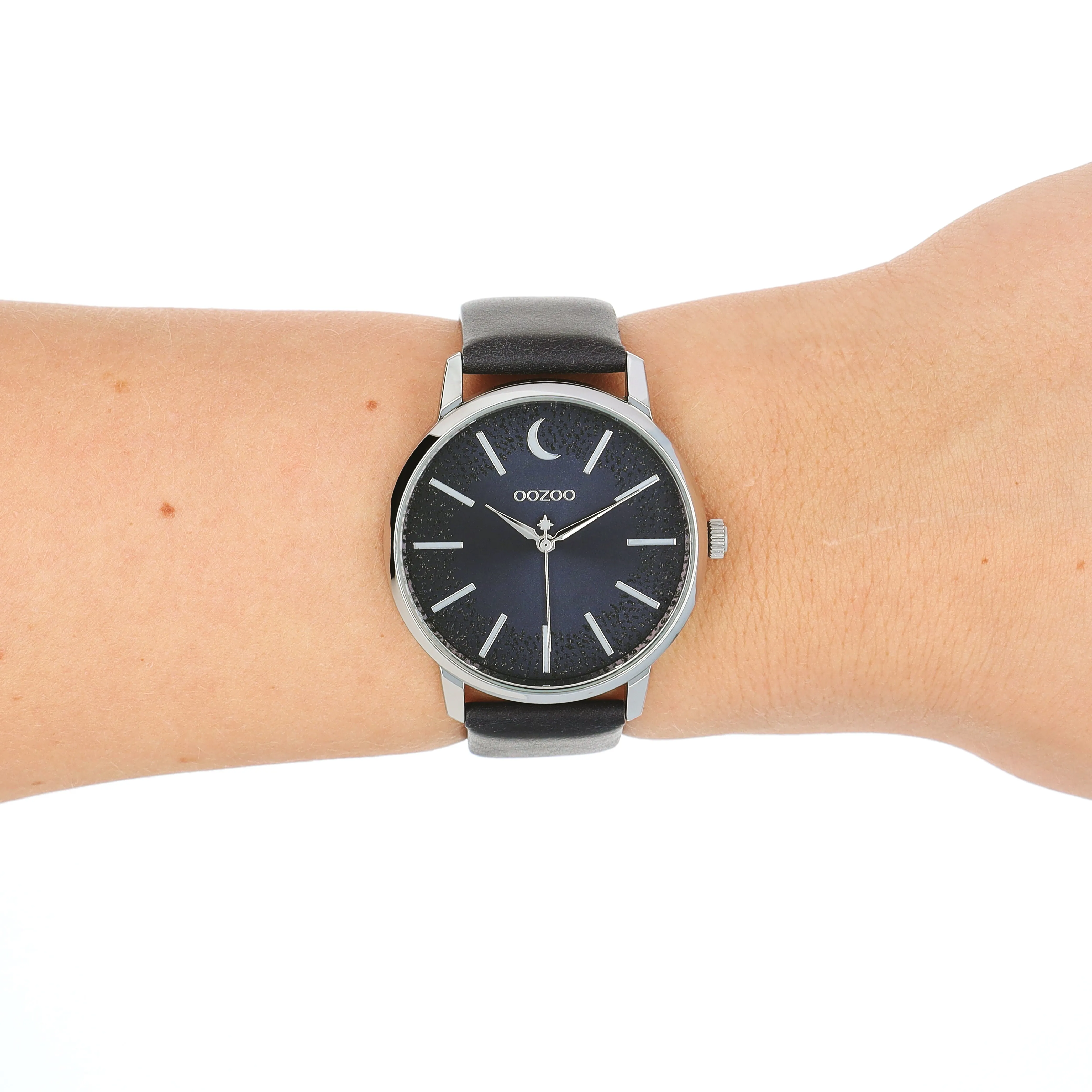 Silver coloured OOZOO watch with dark blue  leather strap - C11043