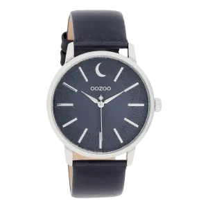 Silver coloured OOZOO watch with dark blue  leather strap - C11043