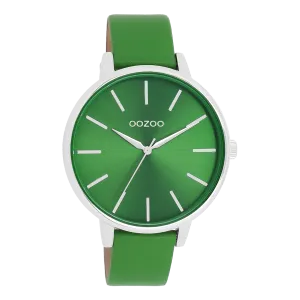 Silver coloured OOZOO watch with green leather strap - C11297