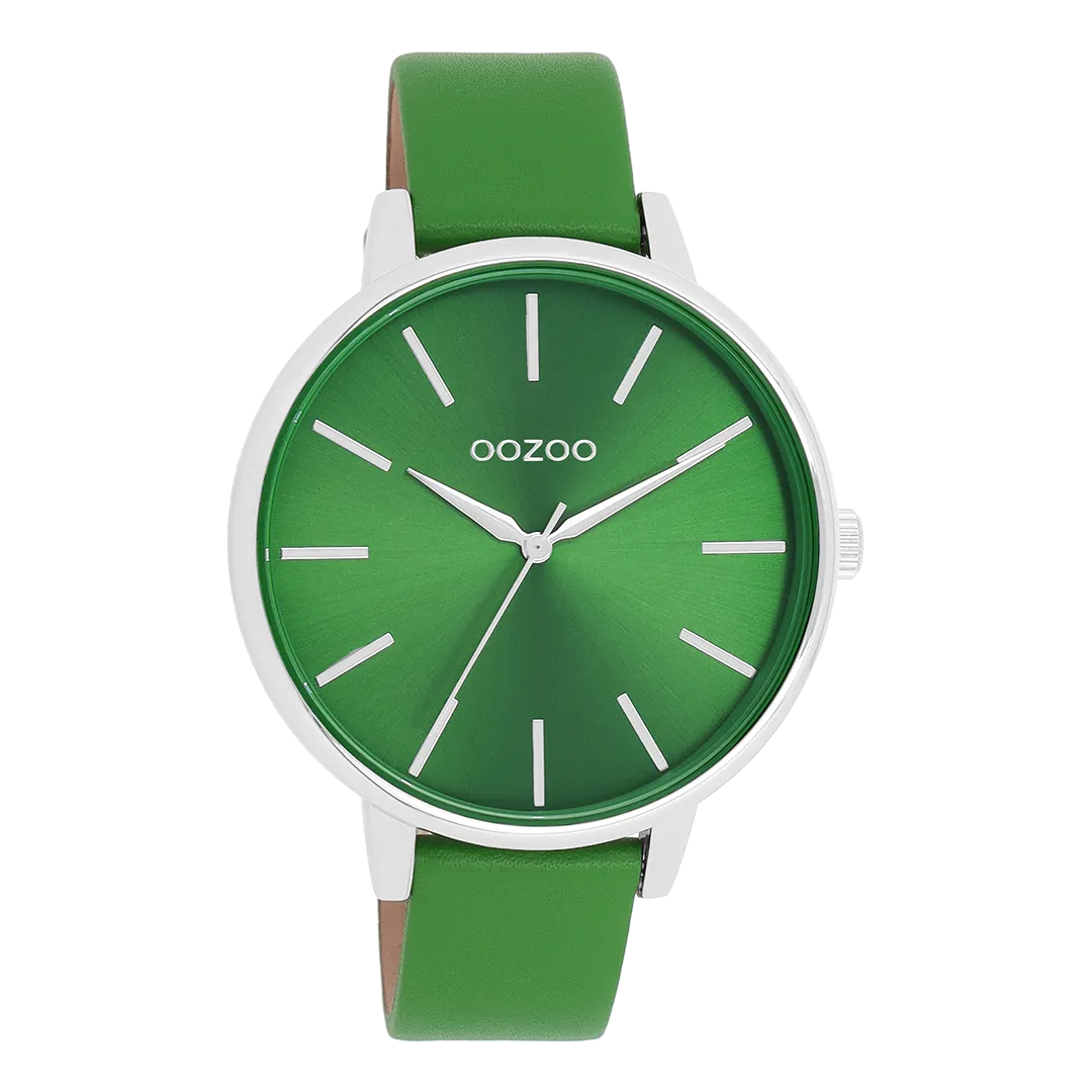 Silver coloured OOZOO watch with green leather strap - C11297