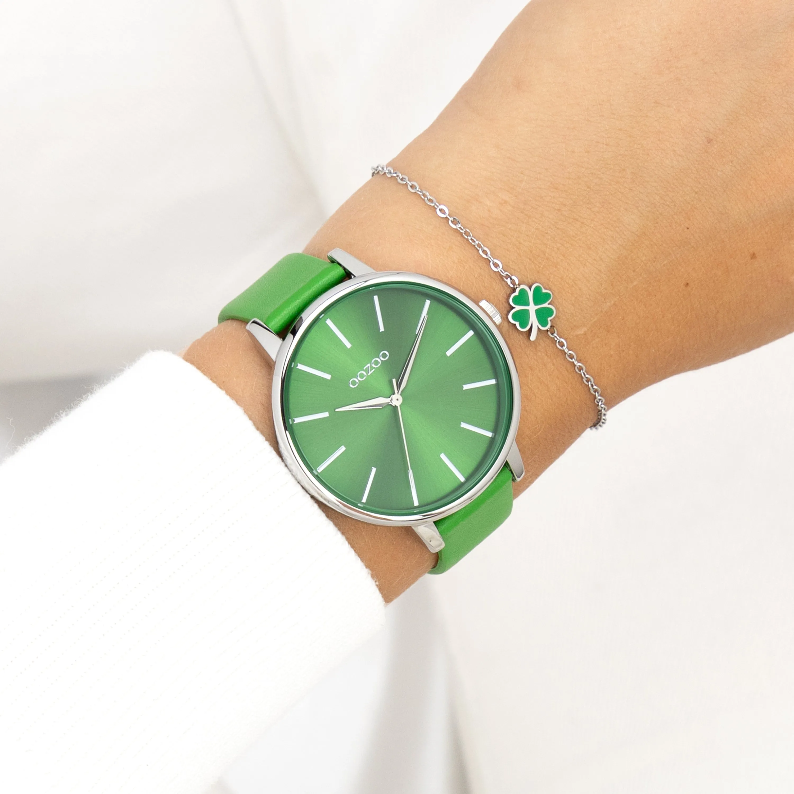 Silver coloured OOZOO watch with green leather strap - C11297