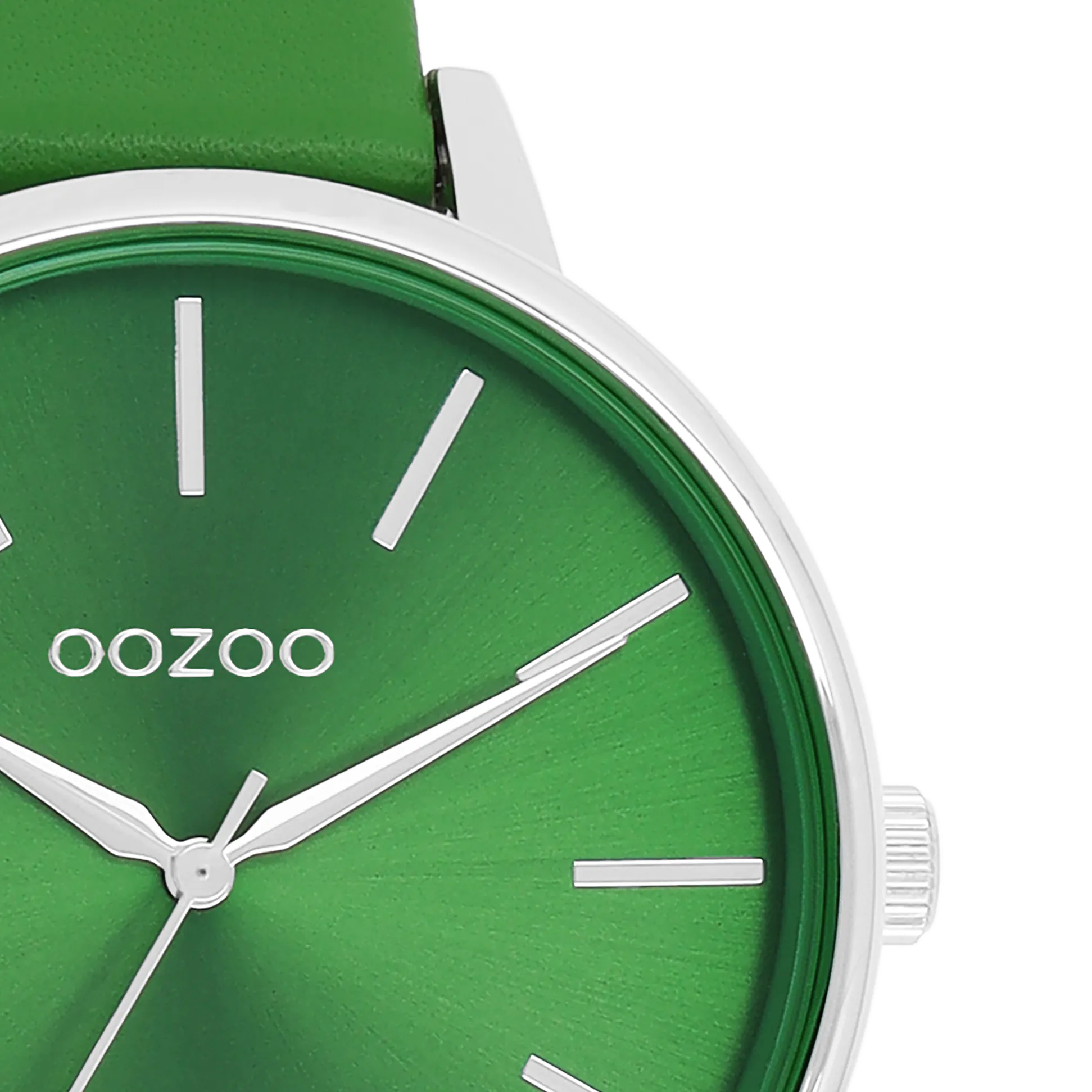 Silver coloured OOZOO watch with green leather strap - C11297