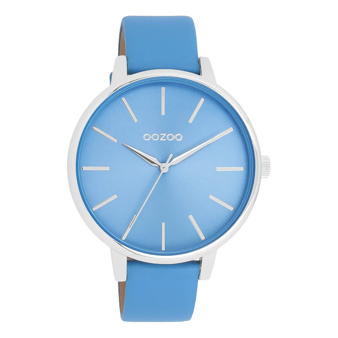 Silver coloured OOZOO watch with mineral blue leather strap - C11296