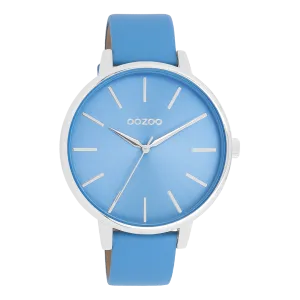 Silver coloured OOZOO watch with mineral blue leather strap - C11296