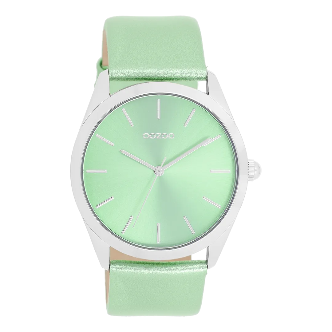 Silver coloured OOZOO watch with mint green leather strap - C11336