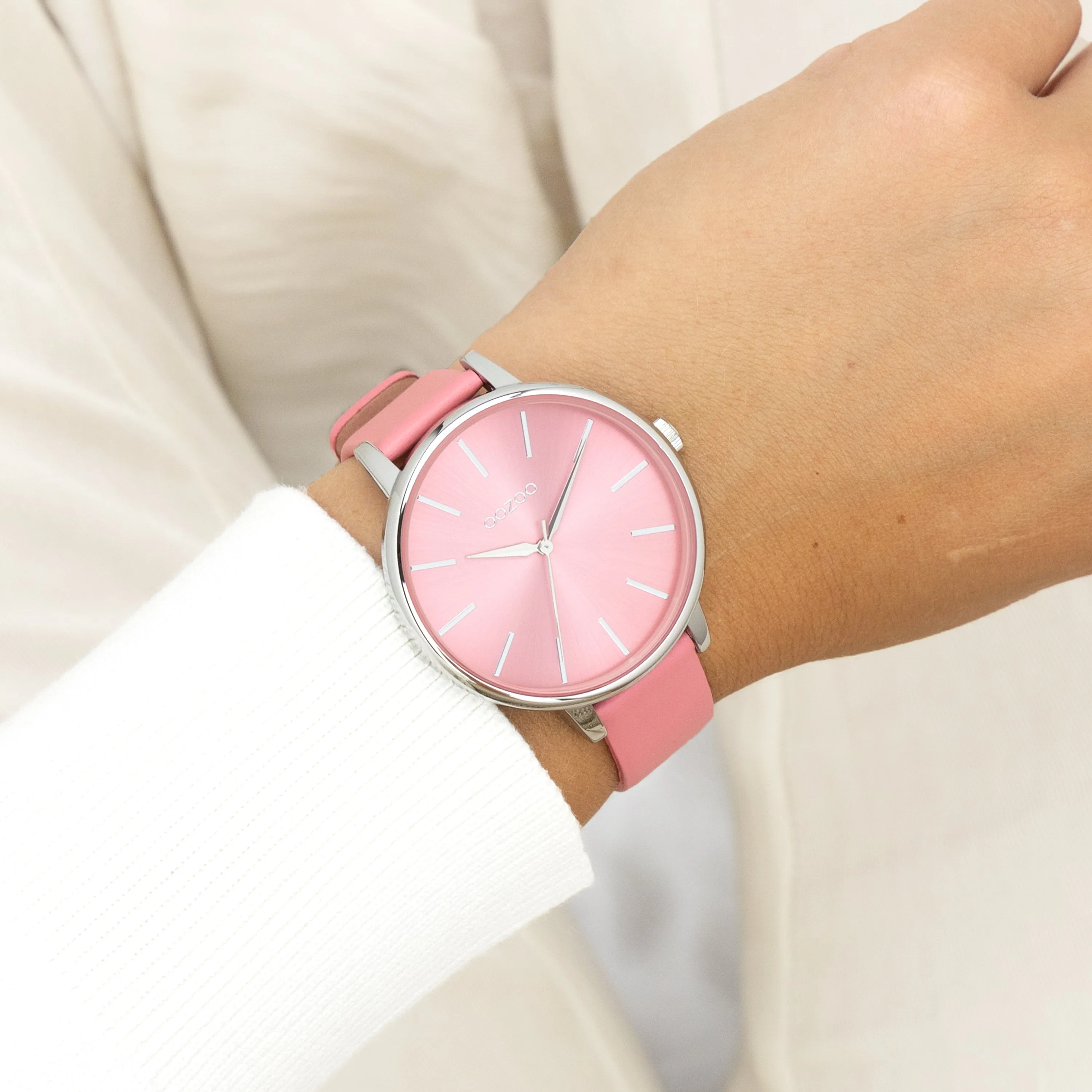 Silver coloured OOZOO watch with pink shell coloured leather strap - C11295