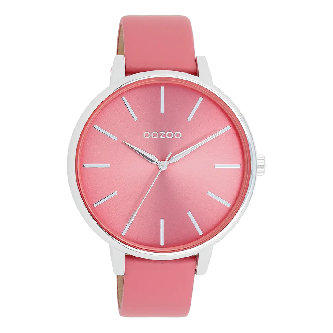 Silver coloured OOZOO watch with pink shell coloured leather strap - C11295