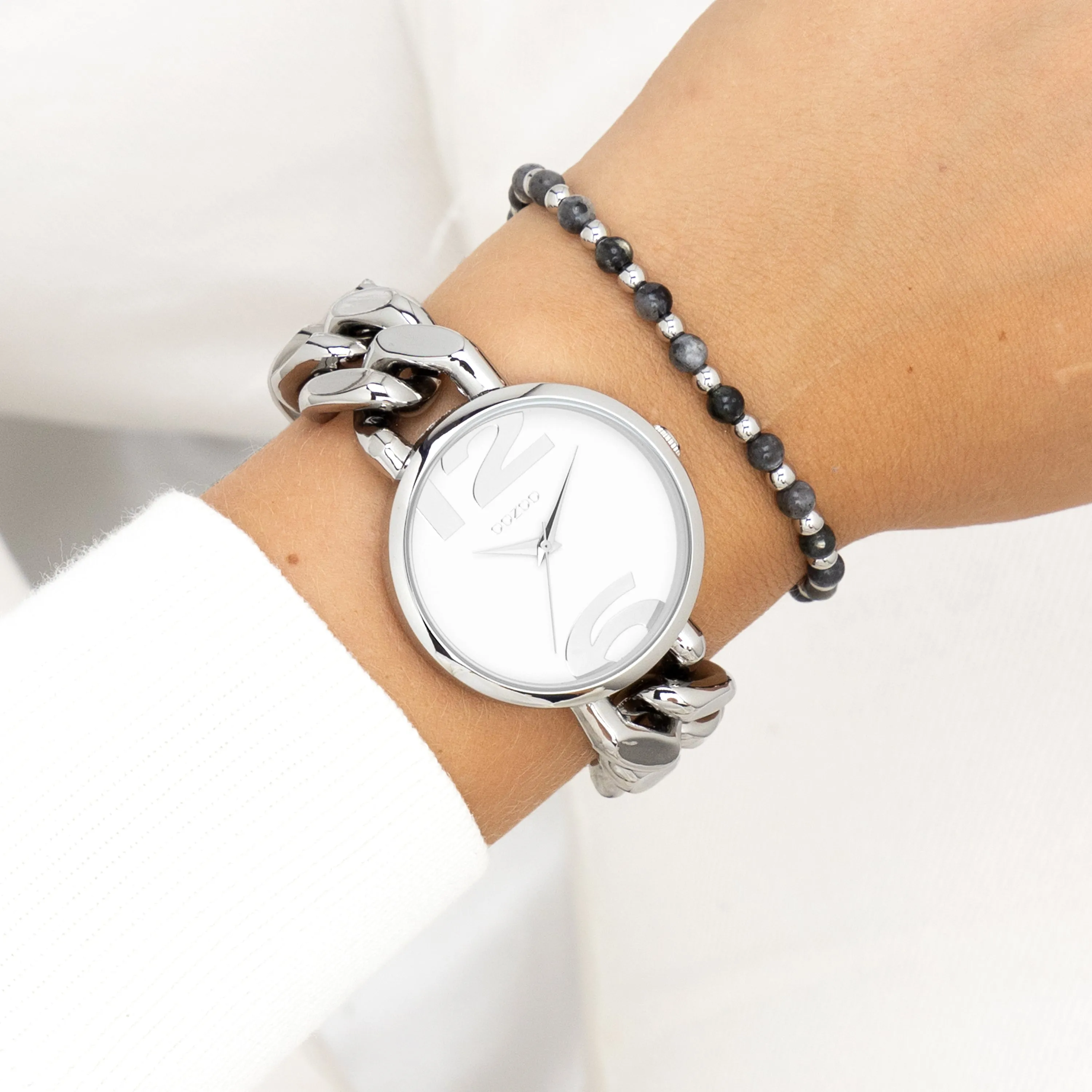 Silver coloured OOZOO watch with silver coloured chunky chain bracelet - C11260