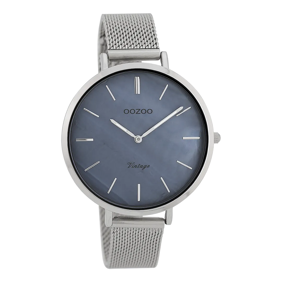 Silver coloured  watch with silver coloured metal mesh bracelet