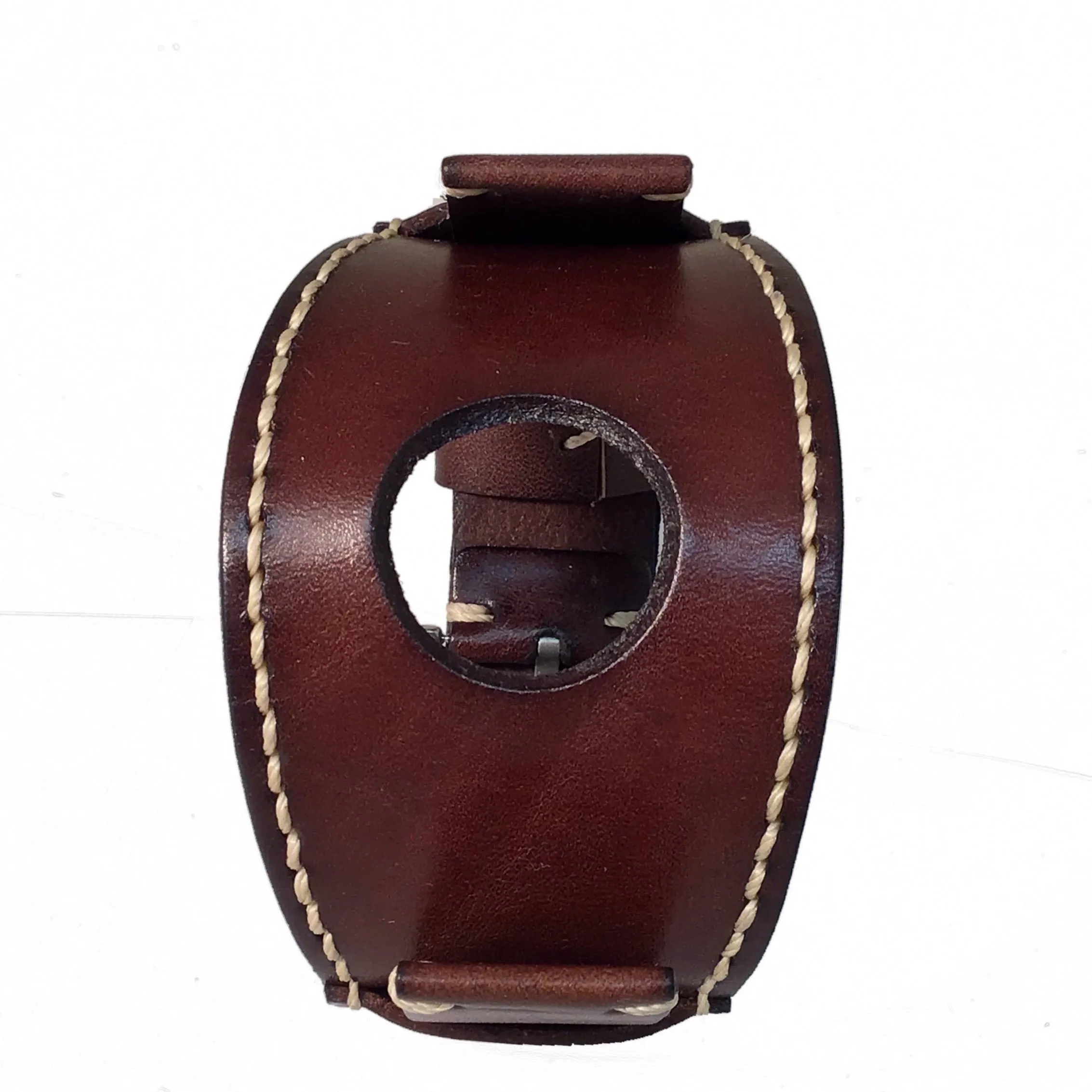 Smart Watch White Stitched Brown Leather Cuff