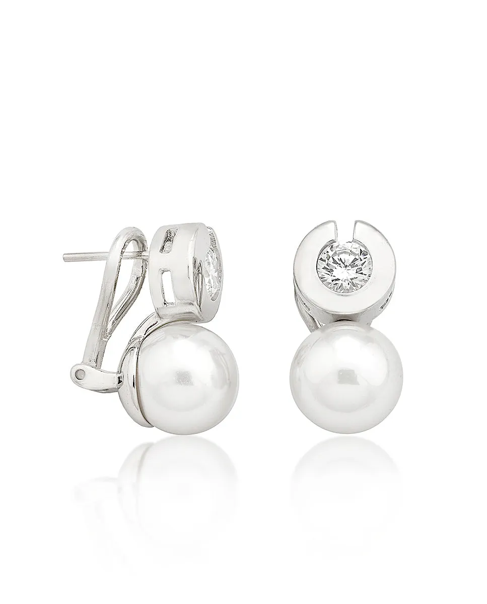 Sterling Silver Rhodium Plated Earrings Omega with Post for Women with Organic Pearl, 10mm Round White Pearl and Cubic Zirconia, Exquisite Collection