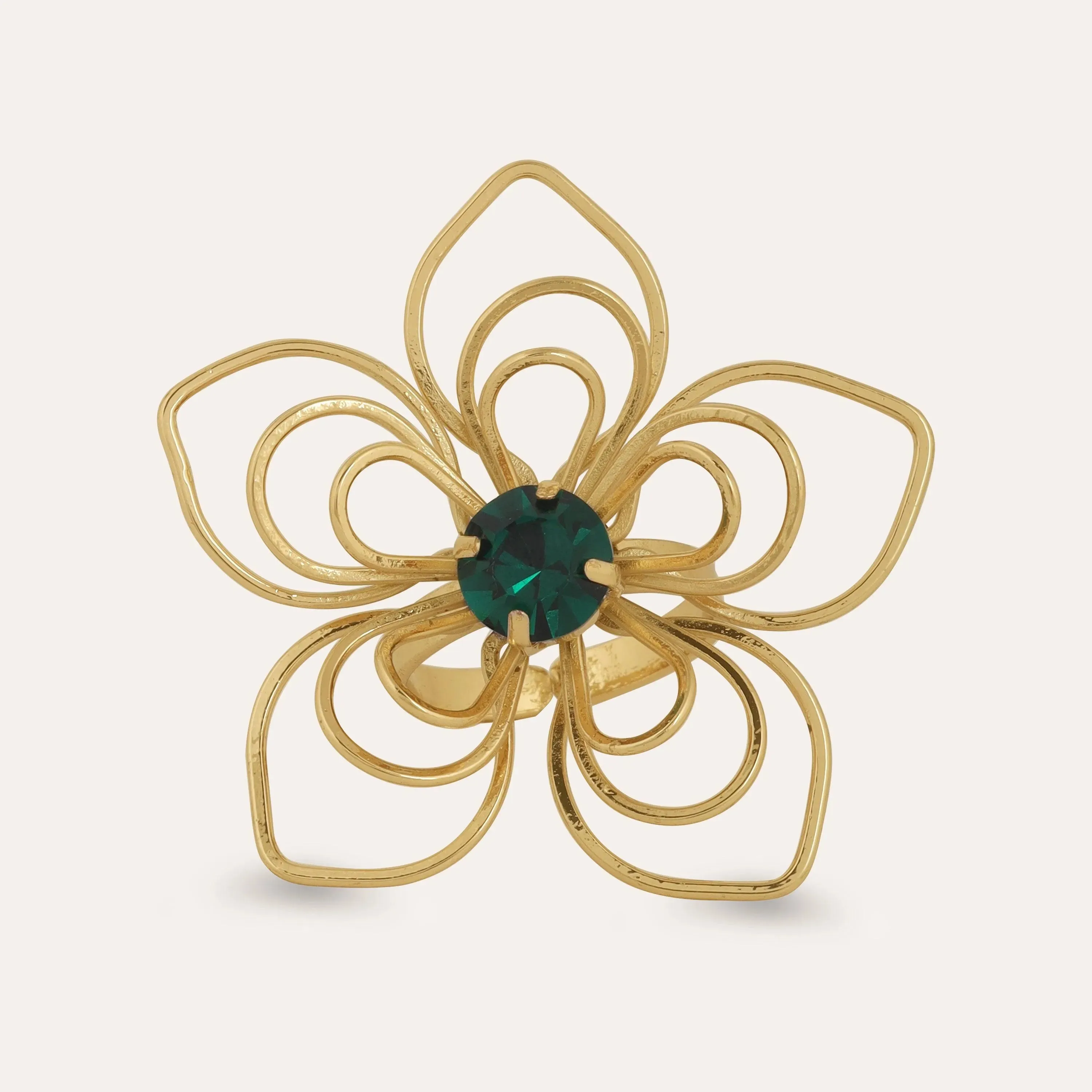 TFC 24K Floral Emerald Statement Gold Plated Adjustable Ring