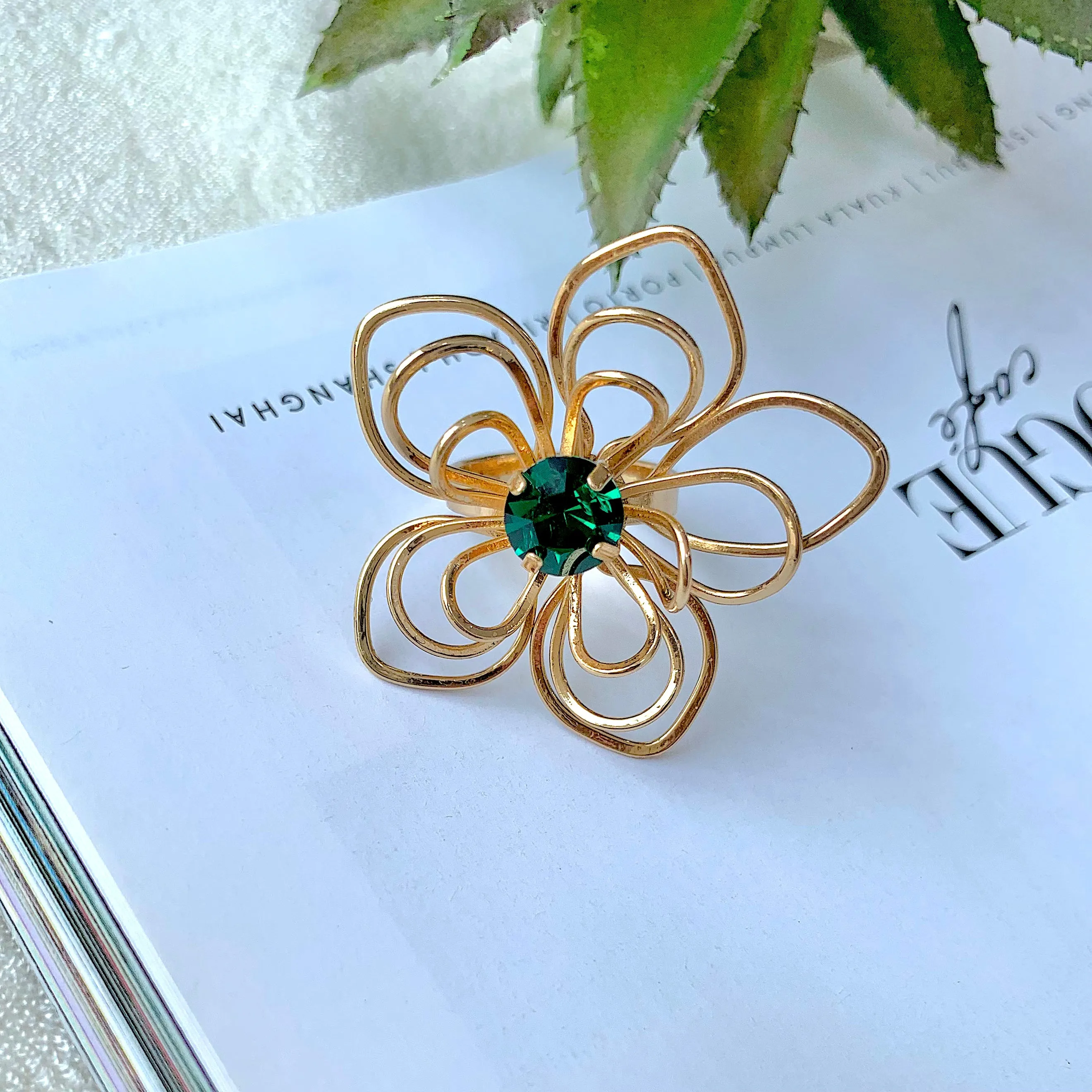 TFC 24K Floral Emerald Statement Gold Plated Adjustable Ring