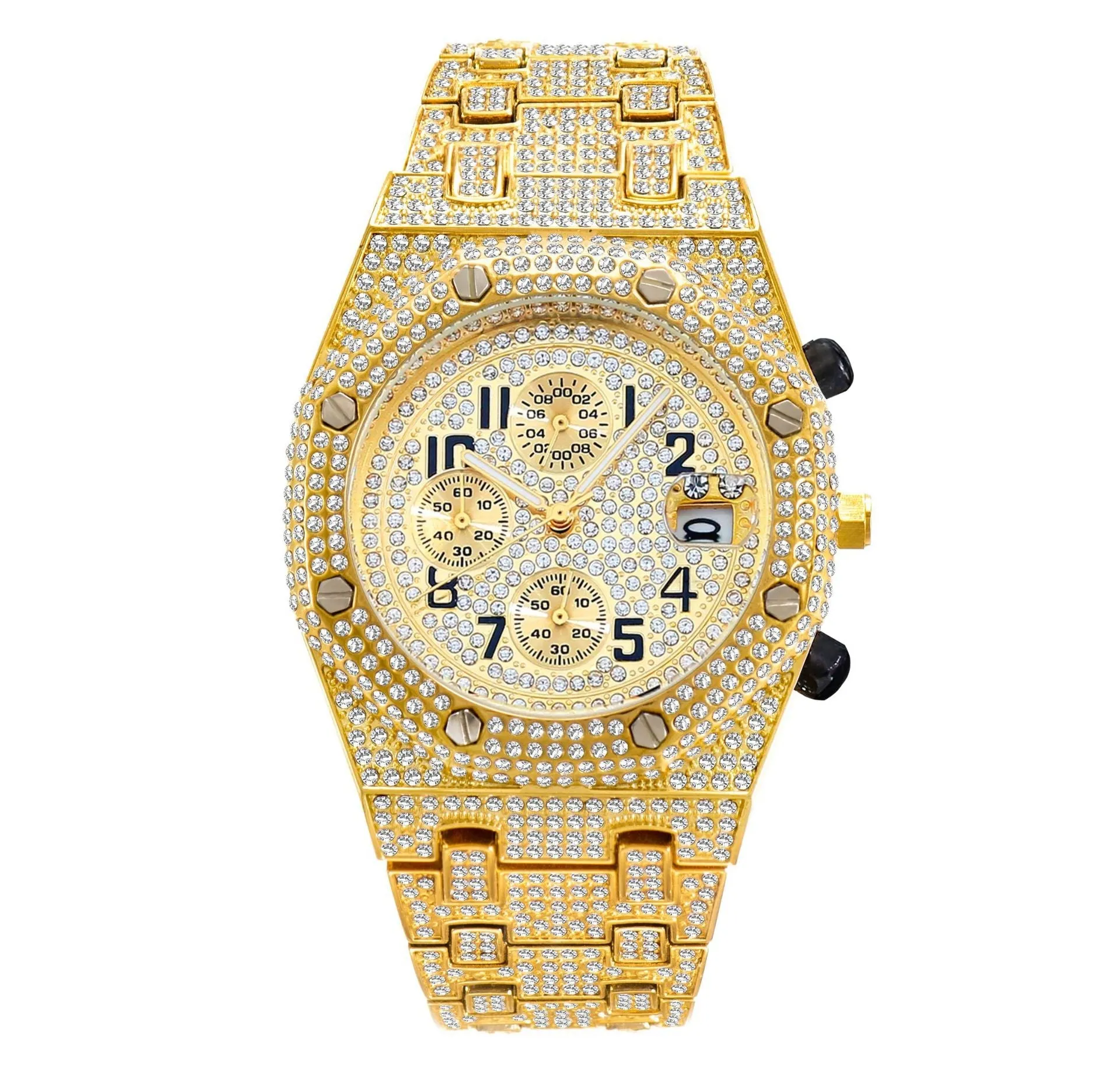 Three-Eye Quartz Sports Watch with Diamond Accents