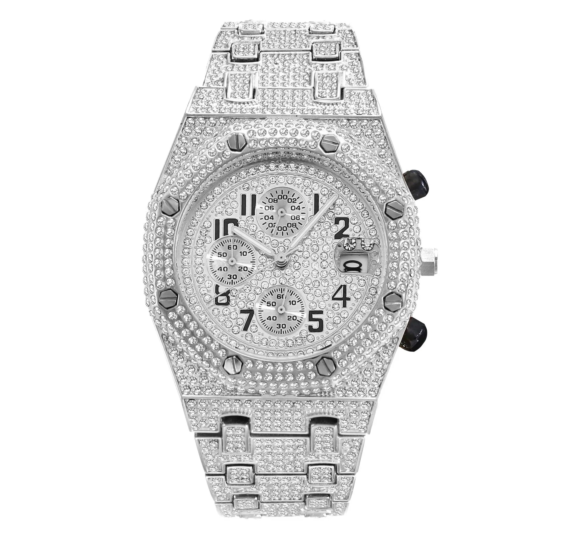 Three-Eye Quartz Sports Watch with Diamond Accents