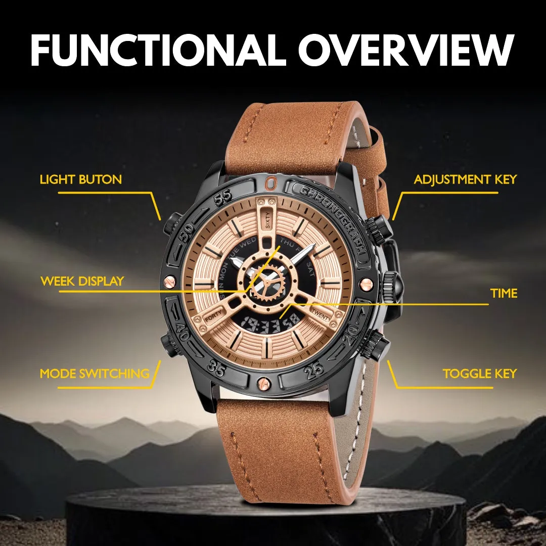 V2A ChronoMaster Series Genuine Leather Analog Digital Watch for Men, Alloy Case, 3 ATM Water Resistant, Luminous Light, Stopwatch and Alarm | Perfect Mens Watch Birthday Rakhi Gift