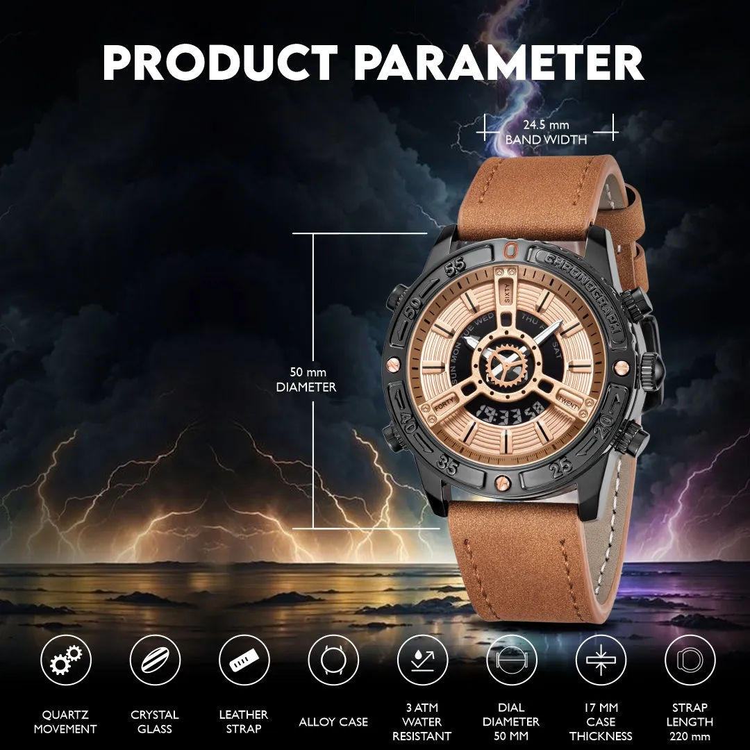 V2A ChronoMaster Series Genuine Leather Analog Digital Watch for Men, Alloy Case, 3 ATM Water Resistant, Luminous Light, Stopwatch and Alarm | Perfect Mens Watch Birthday Rakhi Gift