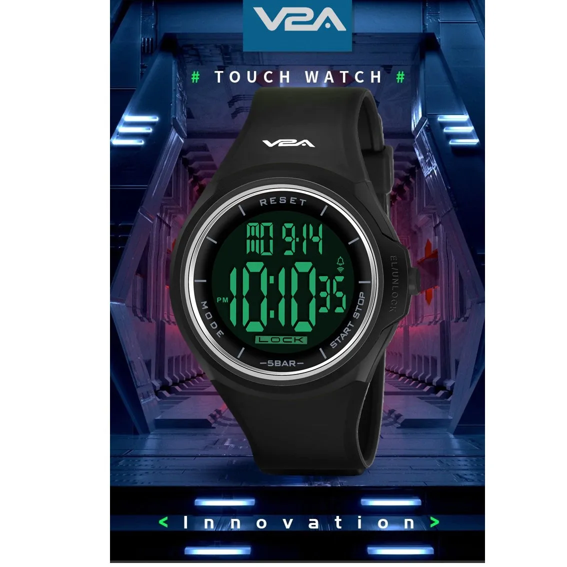 V2A Touch Controls Digital 5ATM Waterproof Unisex Sports Watch (Black Dial and Strap)