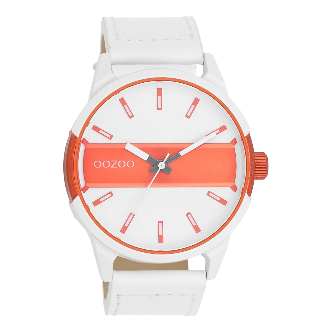 White/fluo orange OOZOO watch with white leather strap - C11316